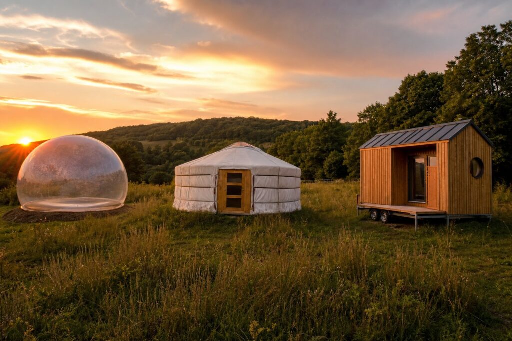 Roulotte bois verger pommiers fleurs camping campagne