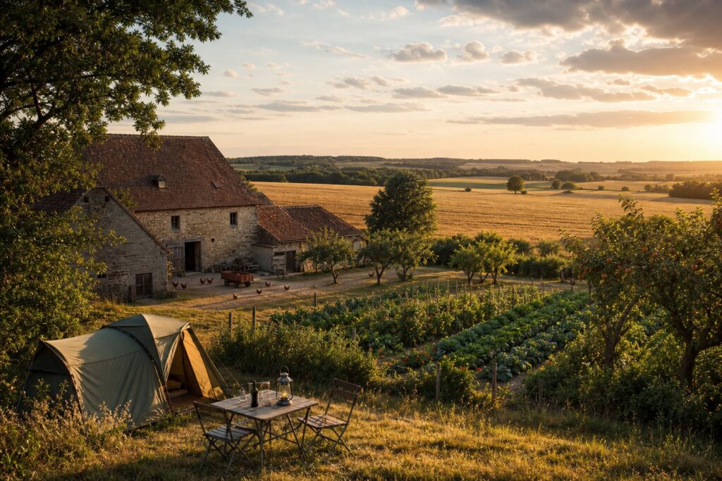 Ferme camping champs ble poules potager