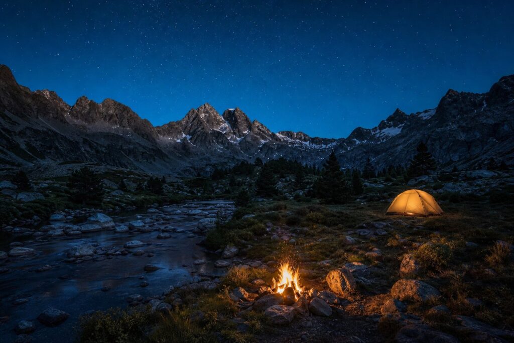 Camping sauvage tente clairiere montagne