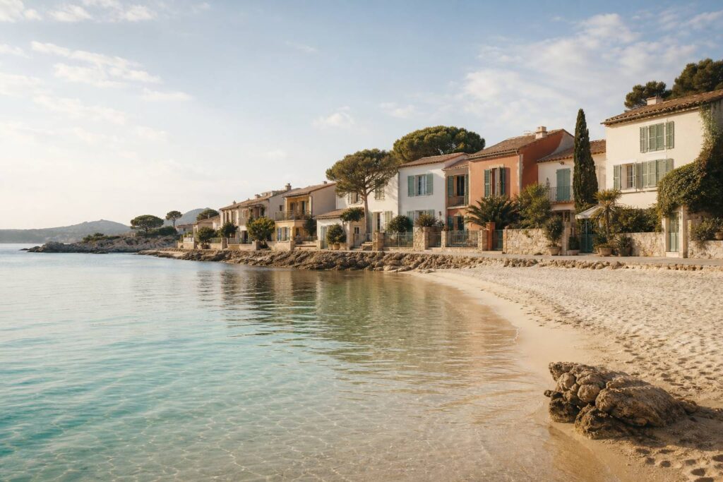 Station balneaire francaise avec plage de sable fin et eau turquoise en bord de mer