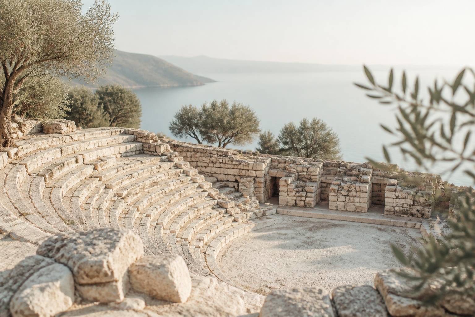 Vestiges d'un amphithéâtre romain en pierre claire avec la mer en arrière-plan