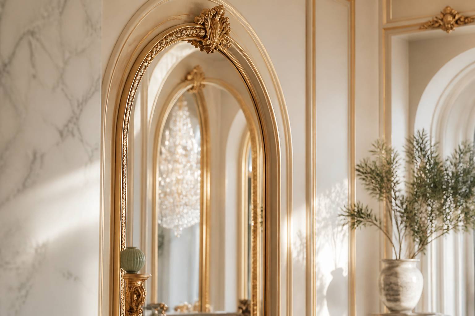 Arcade de miroirs dorés avec reflets de lustre