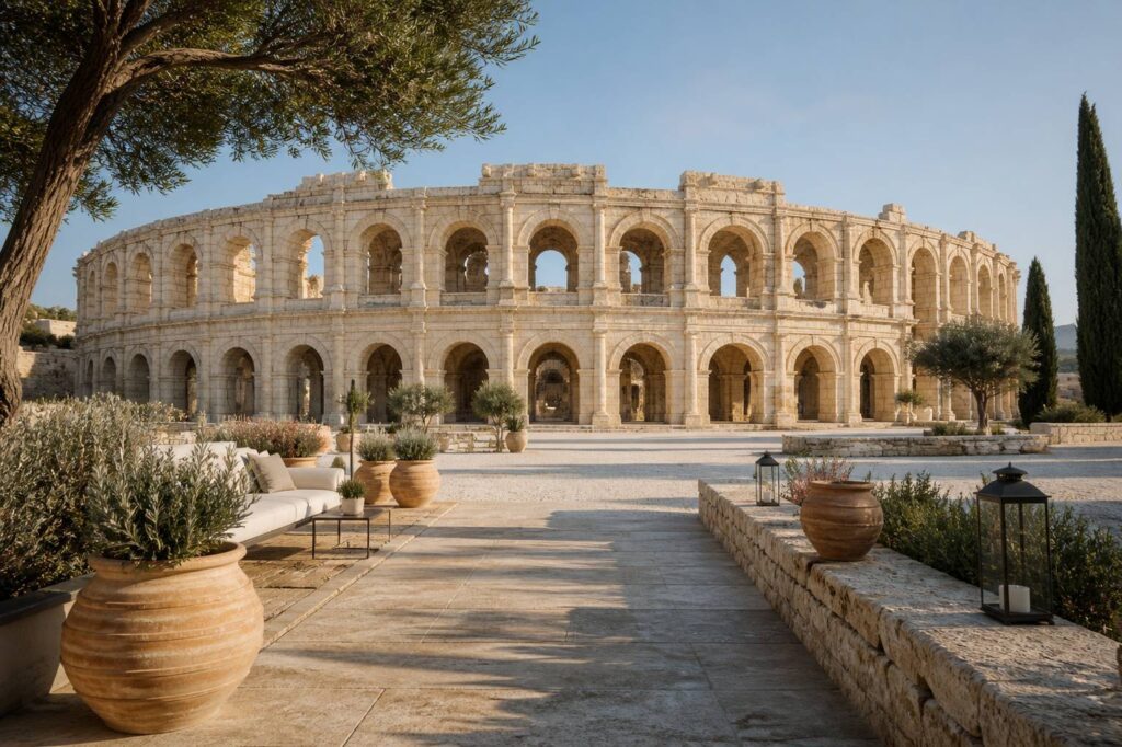 Arènes romaines d'Arles en pierre claire sous un ciel bleu