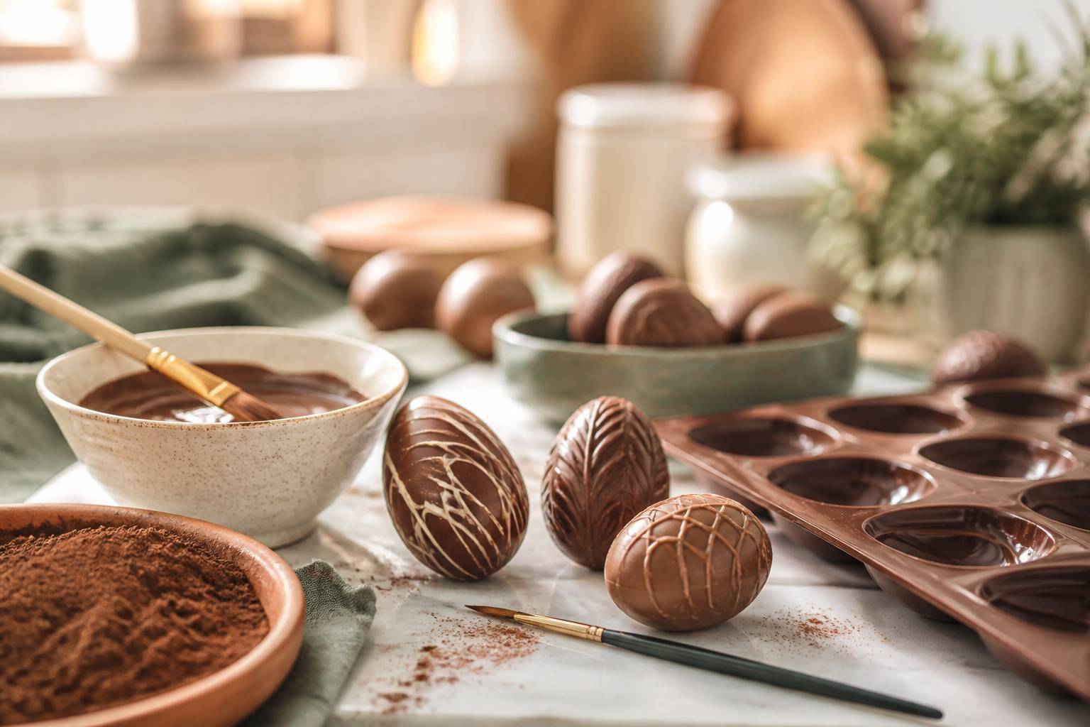 Moules à chocolat et œufs décorés sur une table d'atelier