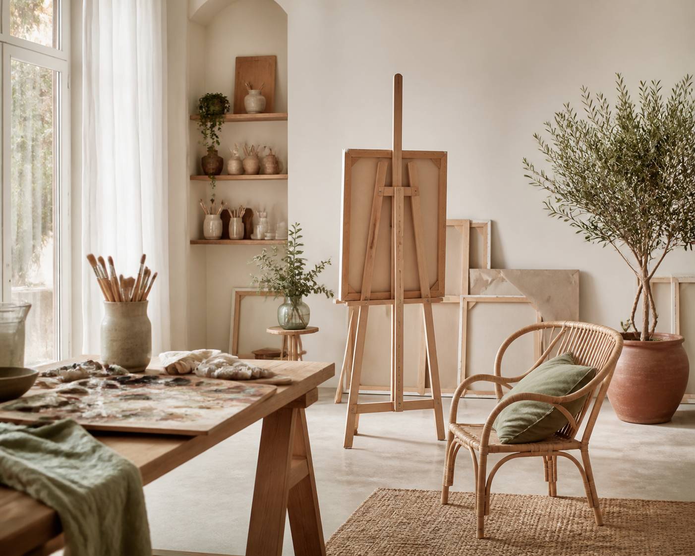 Atelier de peintre avec chevalet, palette et pinceaux