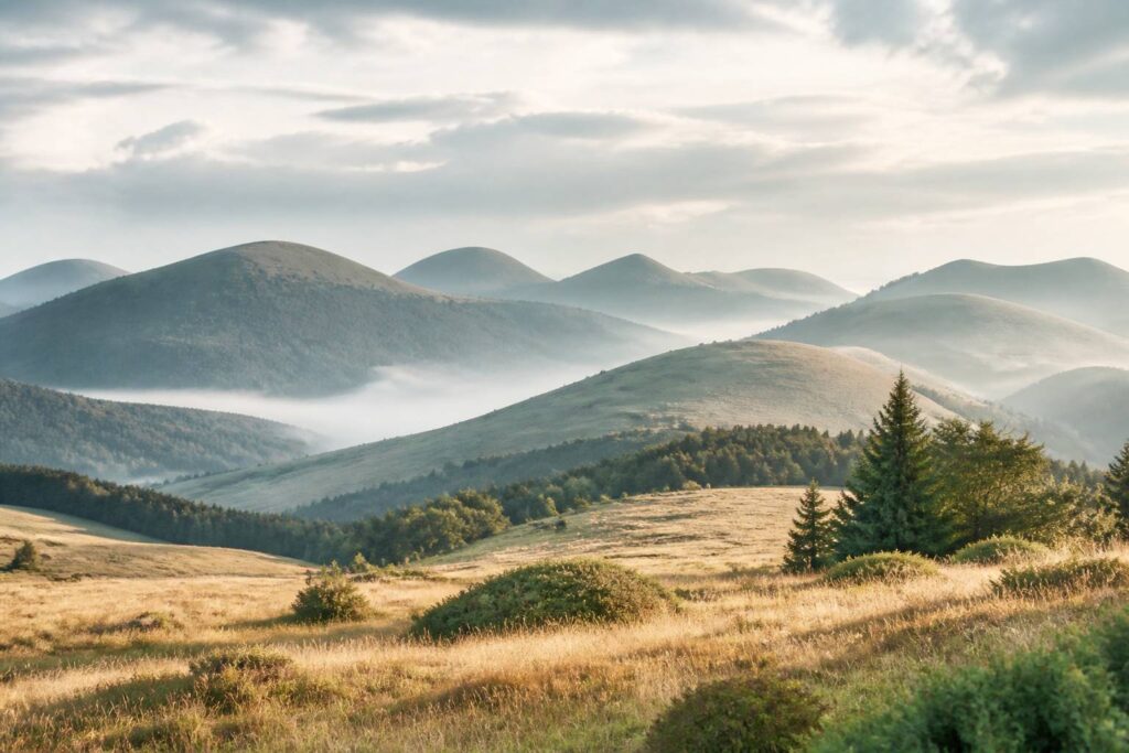 Chaîne de volcans d'Auvergne vue au lever du soleil avec brume dans les vallées