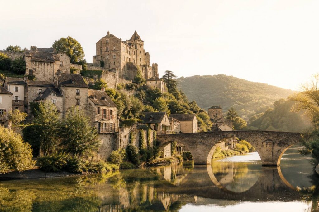 Village médiéval avec château et pont sur une rivière