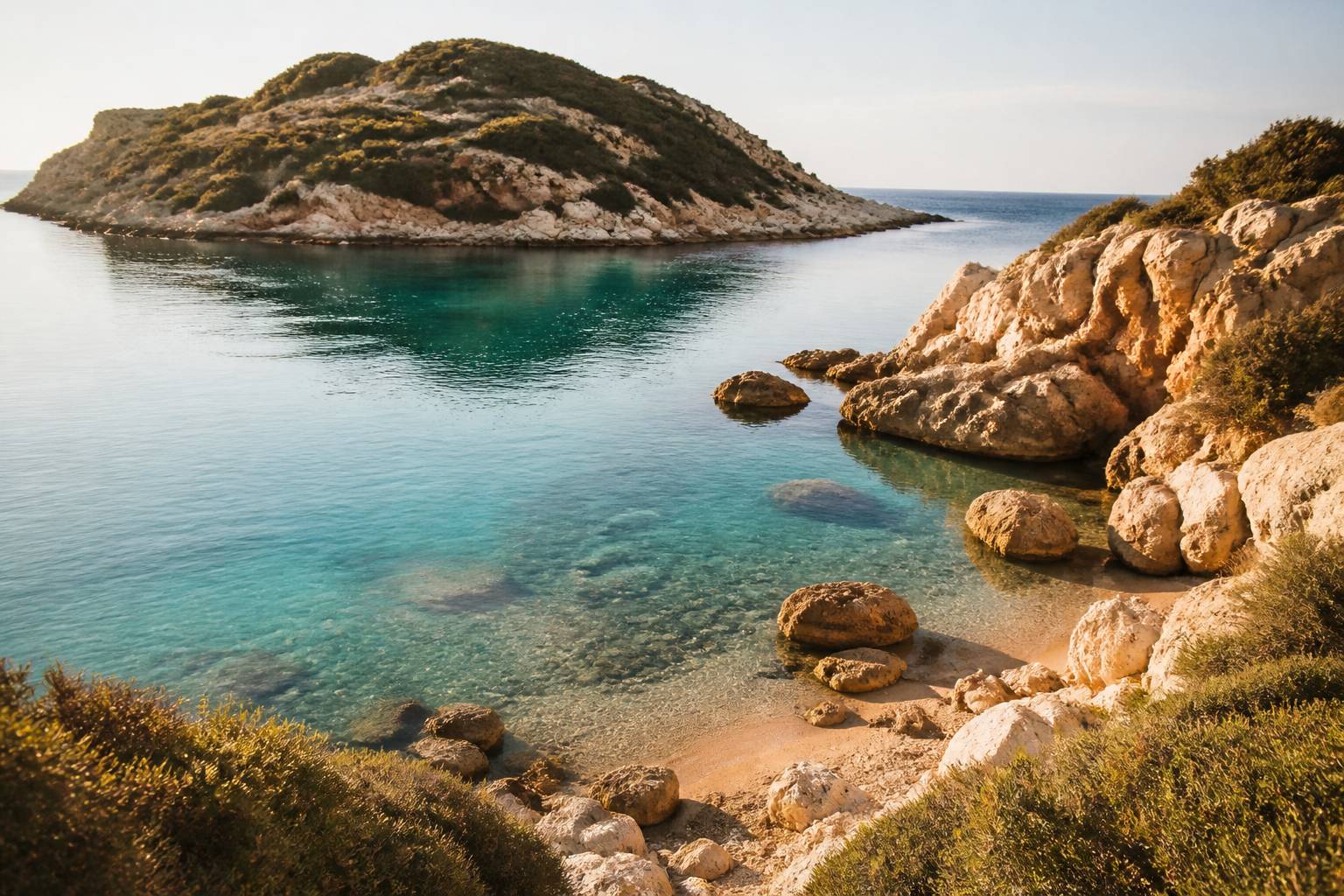 Calanque méditerranéenne à l'eau claire avec îlot rocheux couvert de maquis