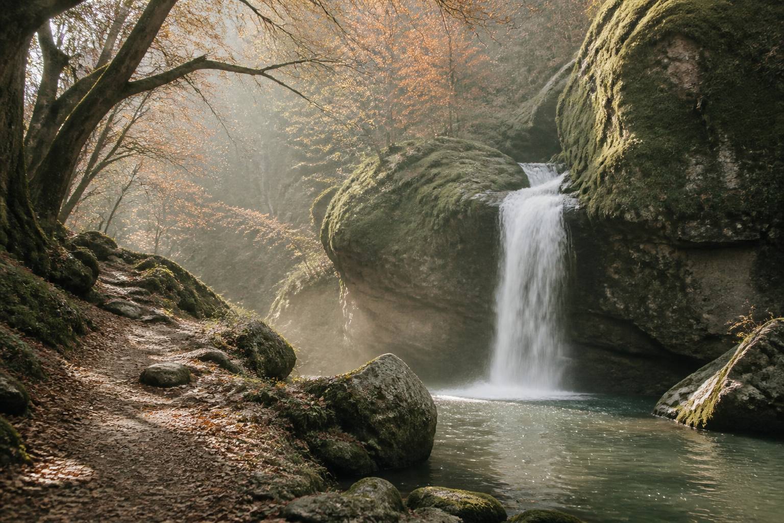Cascade naturelle en forêt avec rochers moussus