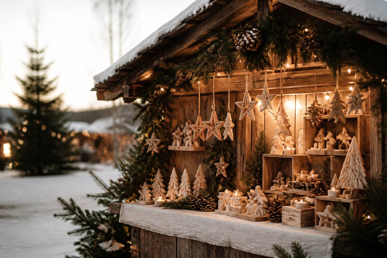 Étal de décorations de Noël artisanales dans un chalet en bois