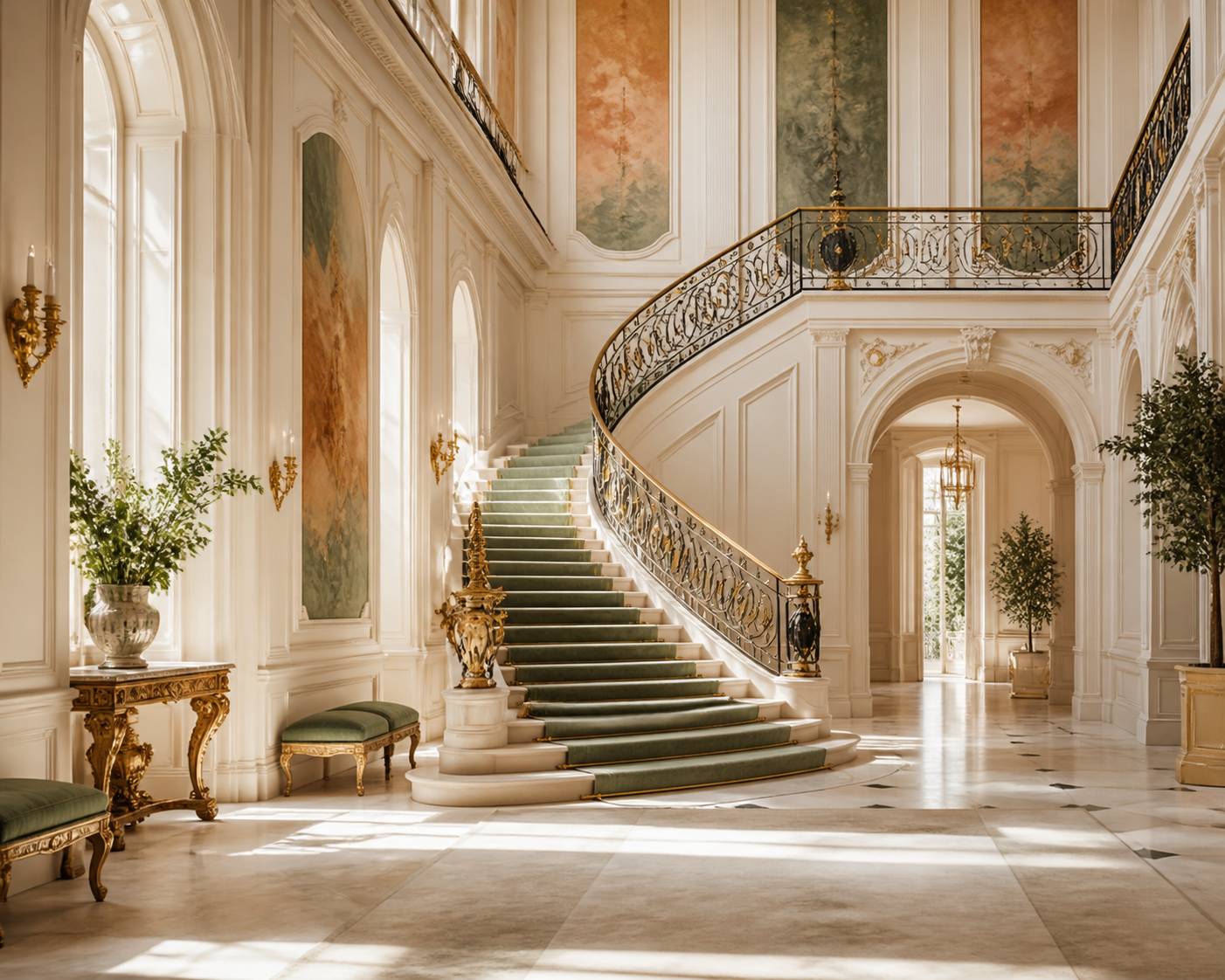 Galerie intérieure de château avec escalier et dorures