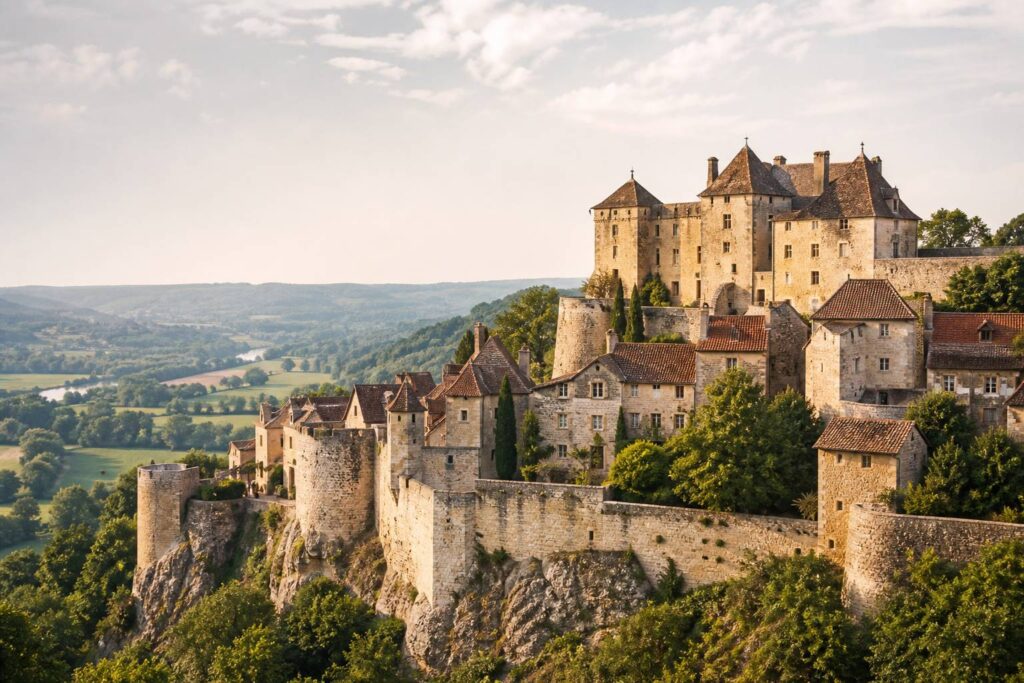 Village fortifié médiéval sur un éperon rocheux dominant la Bourgogne