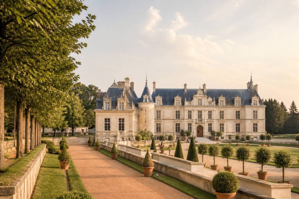 Château royal français avec jardins et façade de pierre