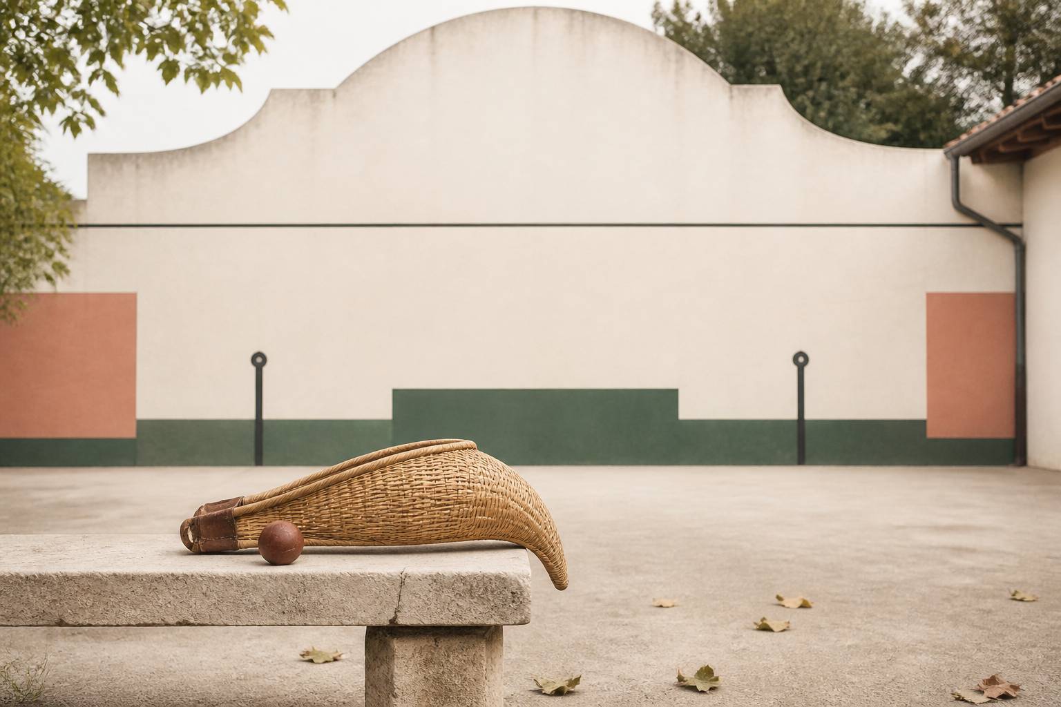 Chistera en osier et pelote de cuir posés devant un fronton