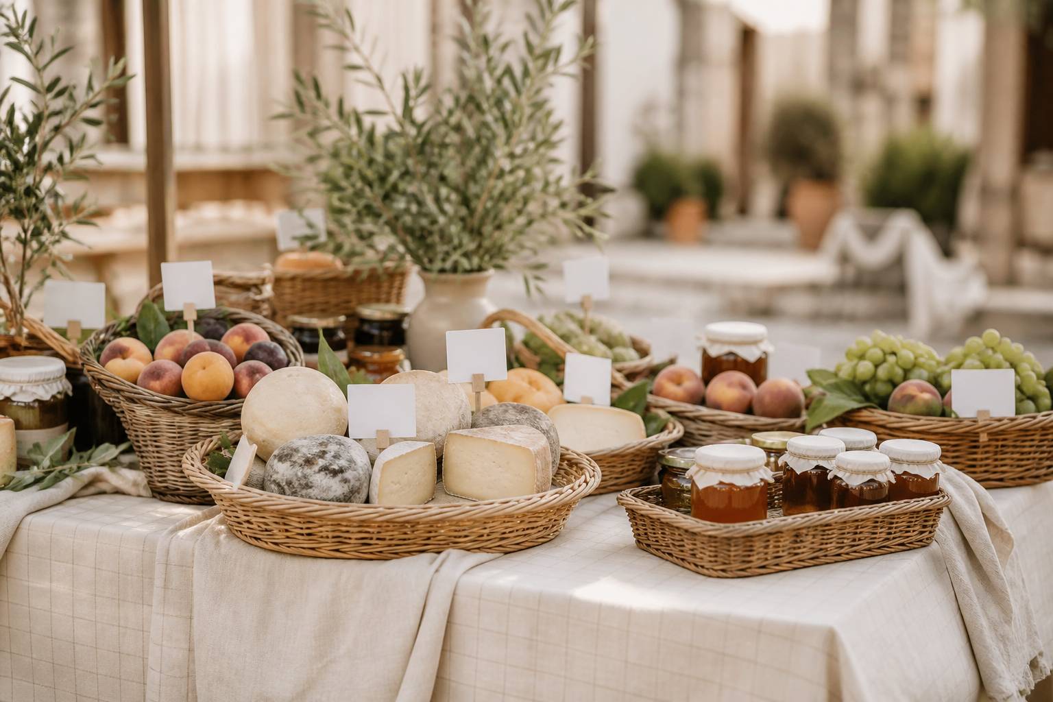 Étal de marché régional avec paniers de fromages, fruits, pots de miel et bocaux