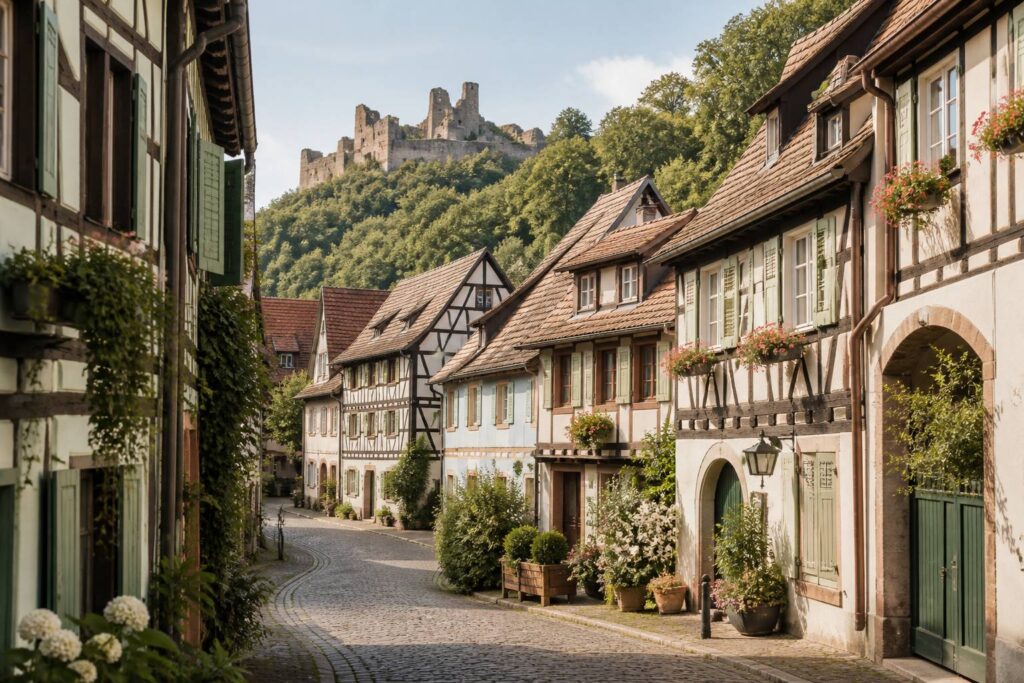 Village alsacien de Ferrette avec son château perché sur la colline