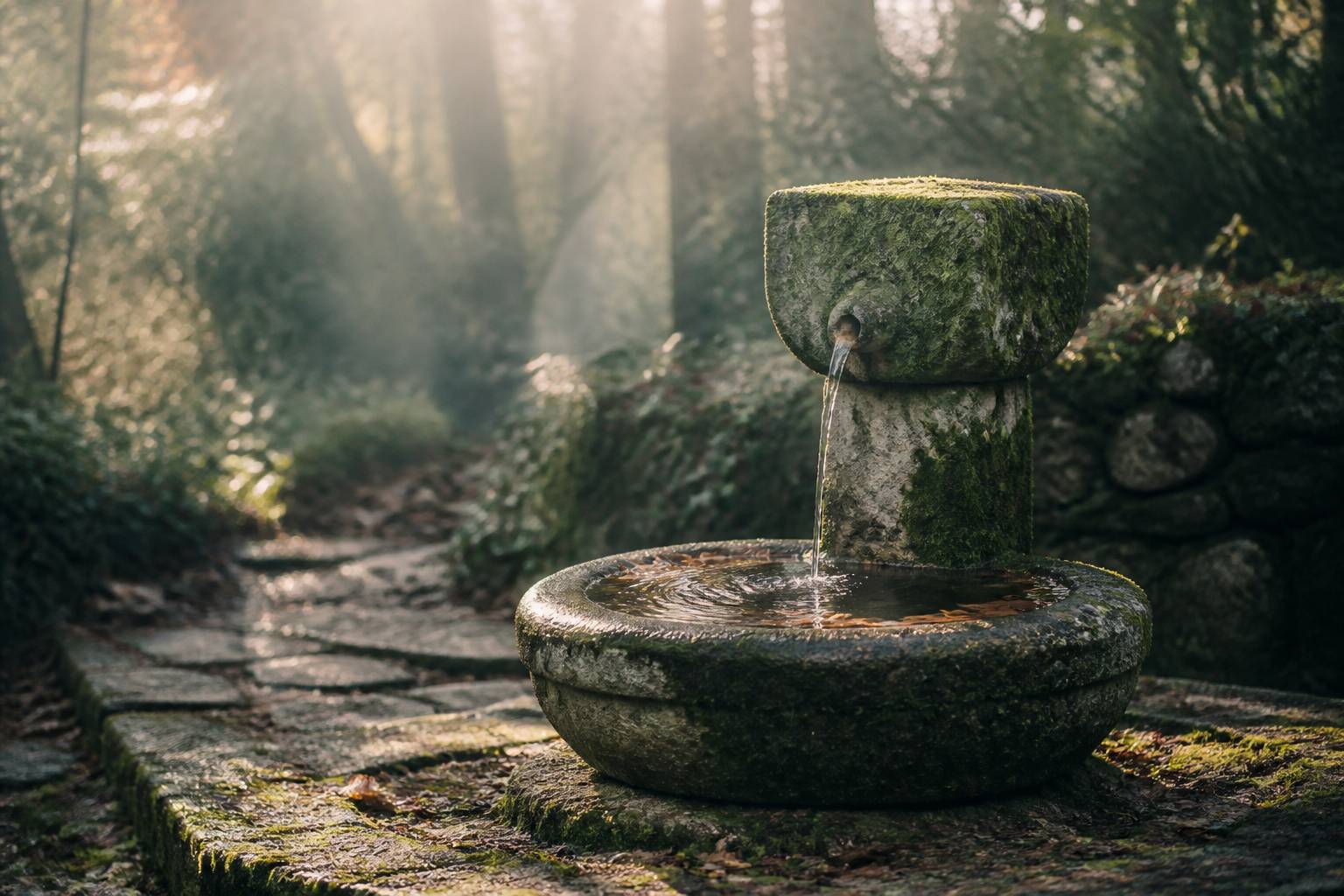 Fontaine de pierre ancienne dans une clairière forestière