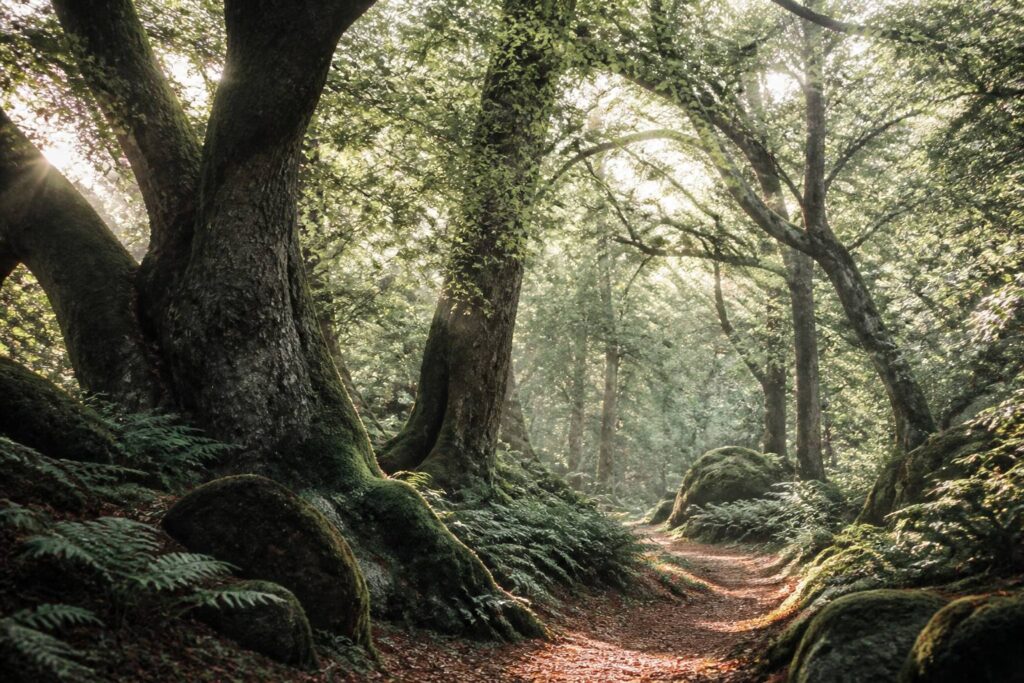 Forêt de Brocéliande avec chênes majestueux et sentier de terre
