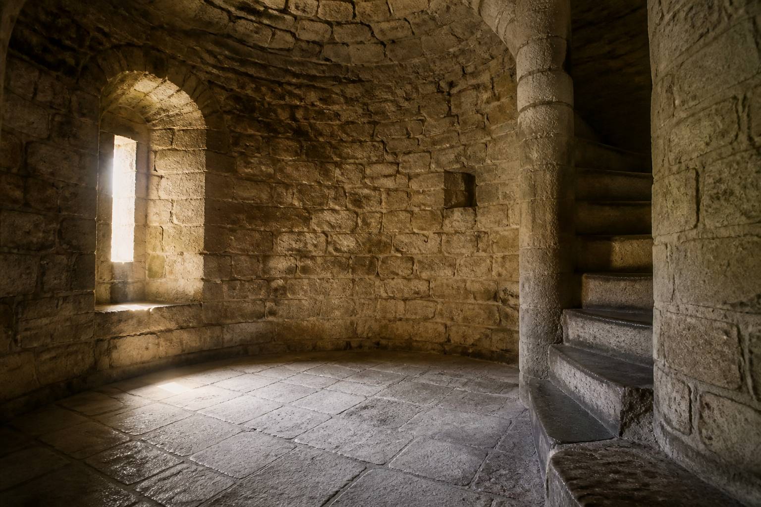 Intérieur de tour de pierre avec graffitis anciens flous