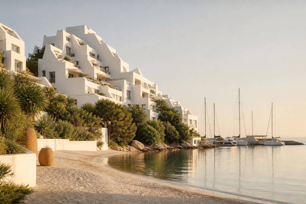 Immeubles pyramidaux blancs au bord de la mer Méditerranée