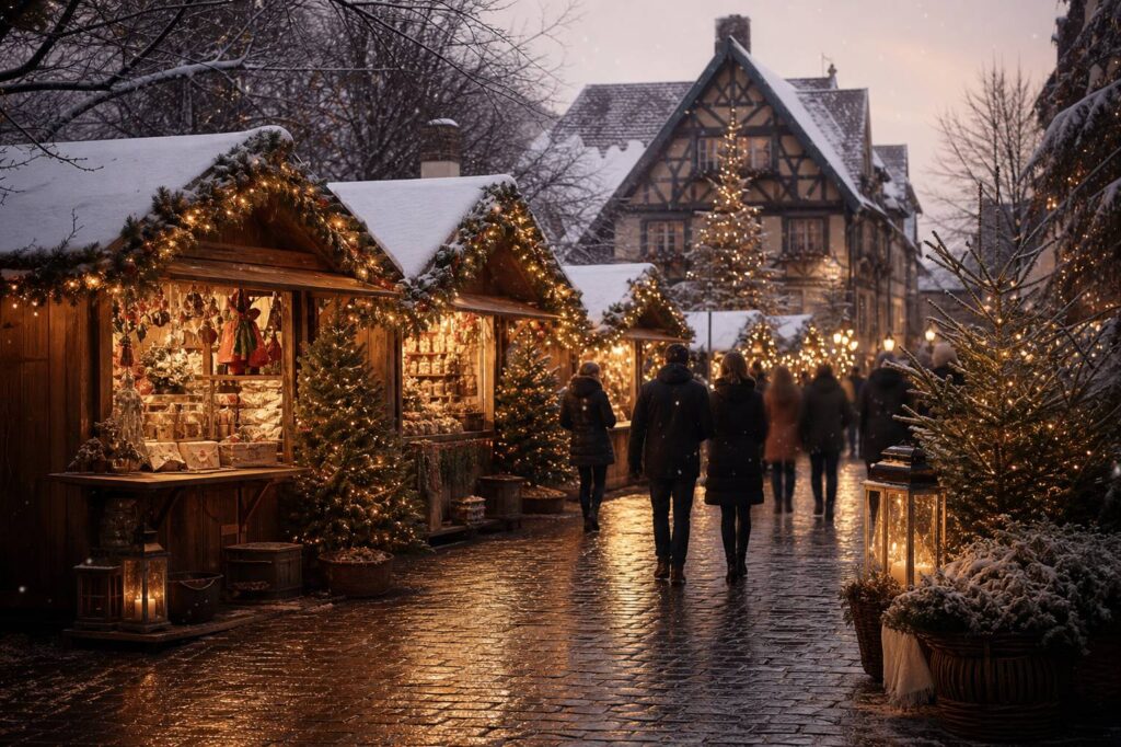 Chalets en bois de marché de Noël illuminés sous la neige