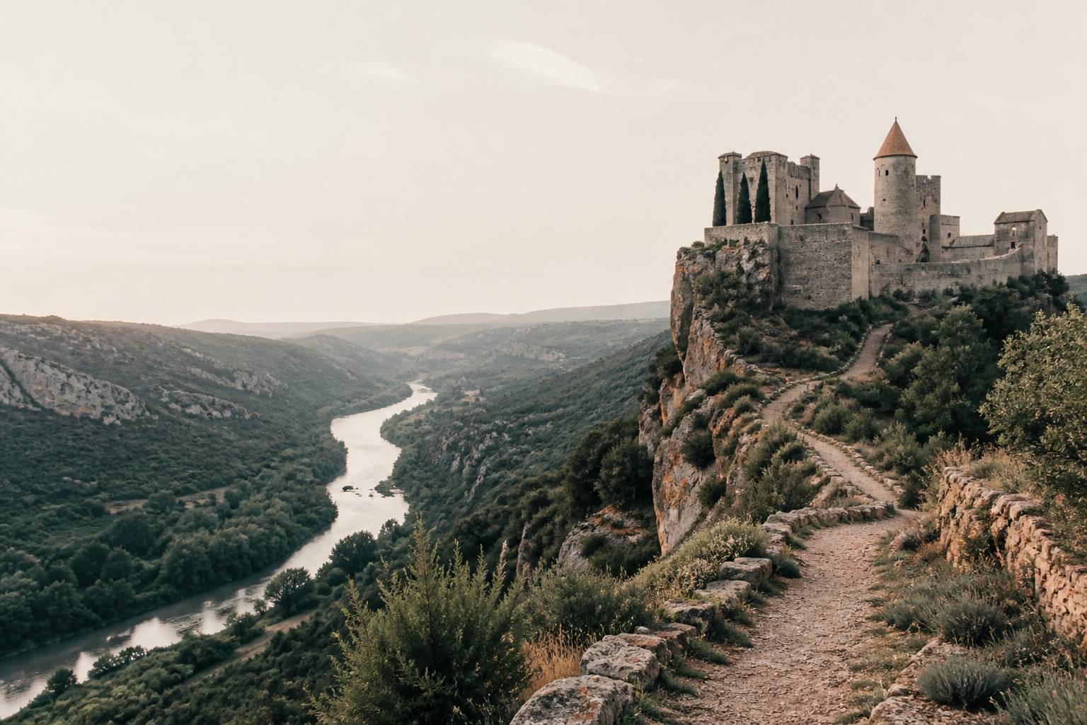 Forteresse perchée au-dessus d'une rivière dans une vallée