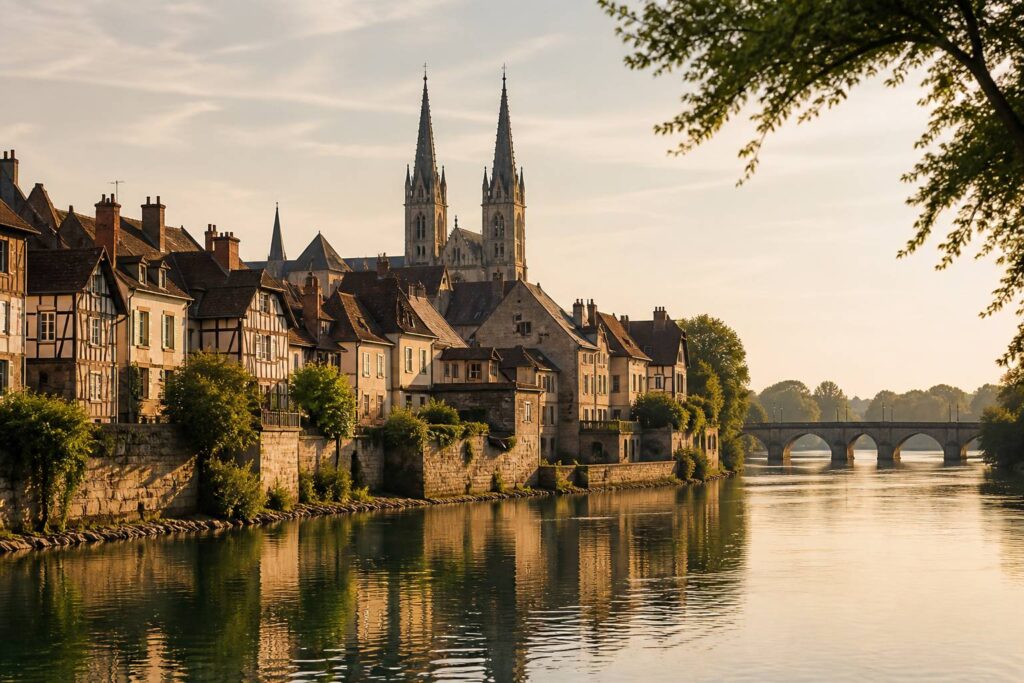 Ville au bord de la Loire avec cathédrale gothique et quais