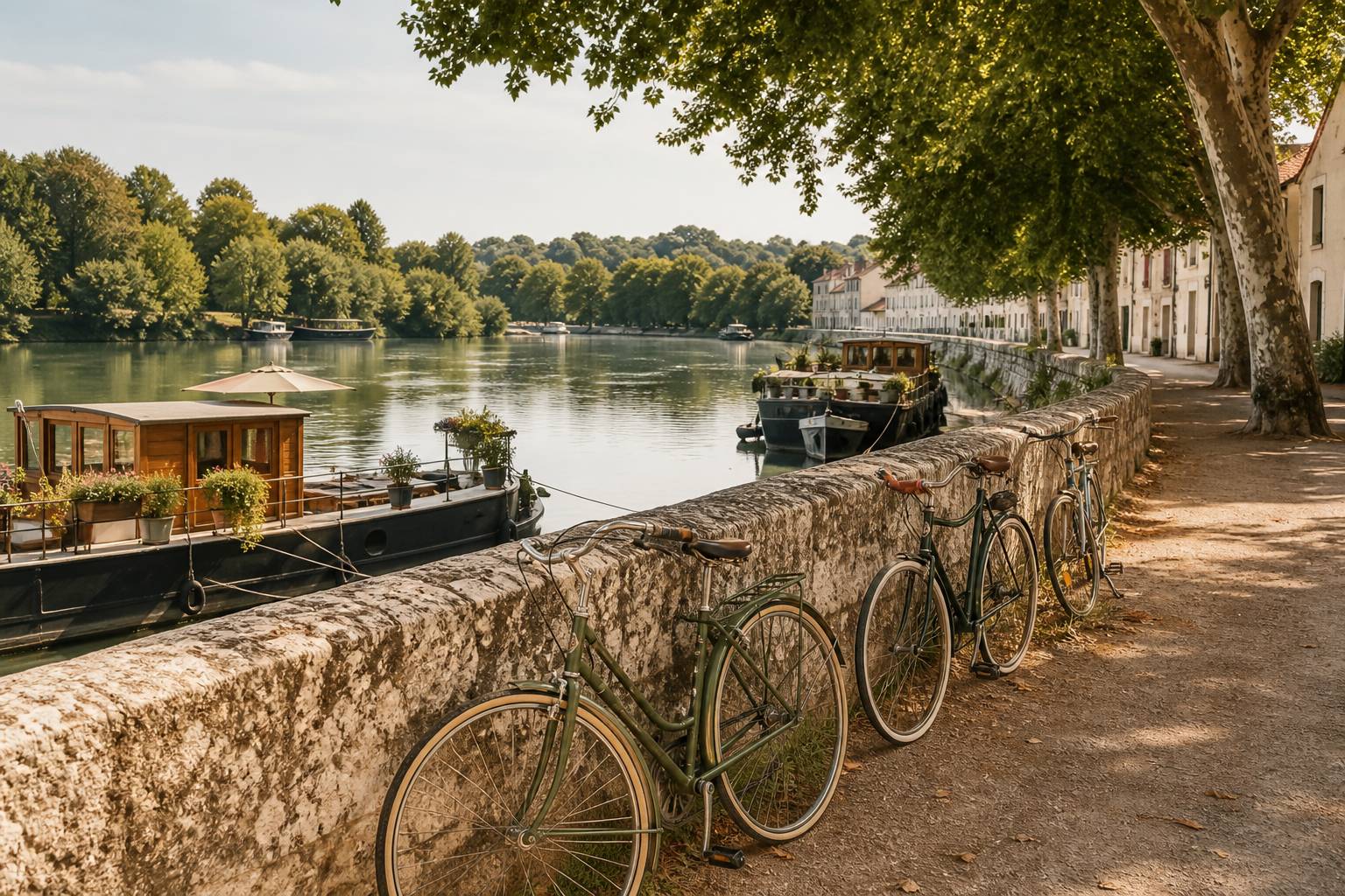Vélos appuyés contre un parapet au bord d'un fleuve calme