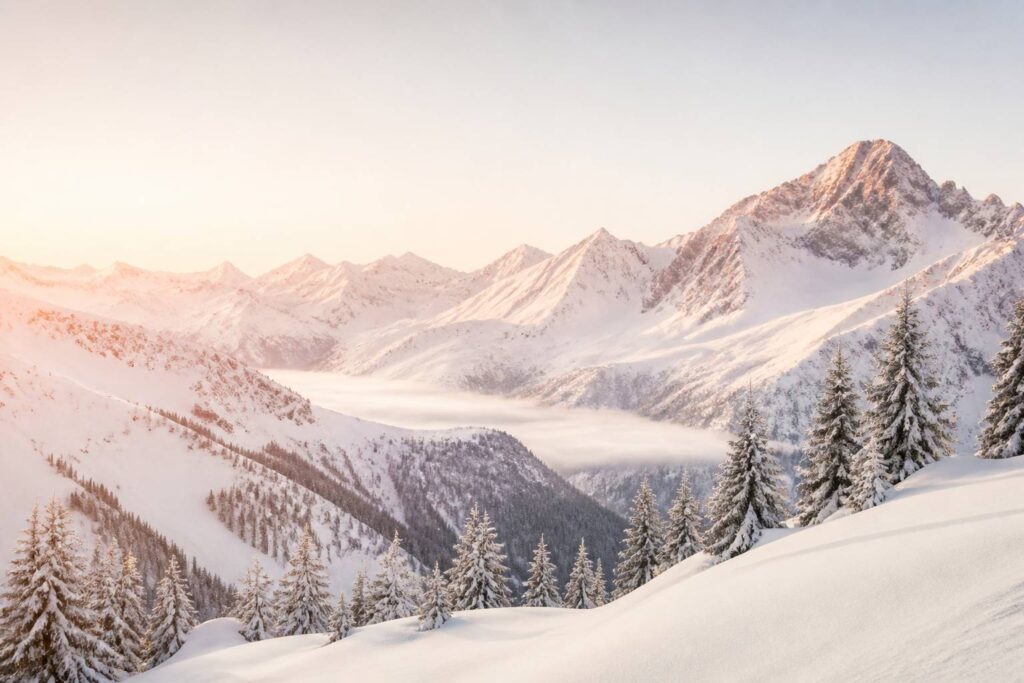Panorama hivernal de montagnes enneigées avec crêtes et forêts givrées