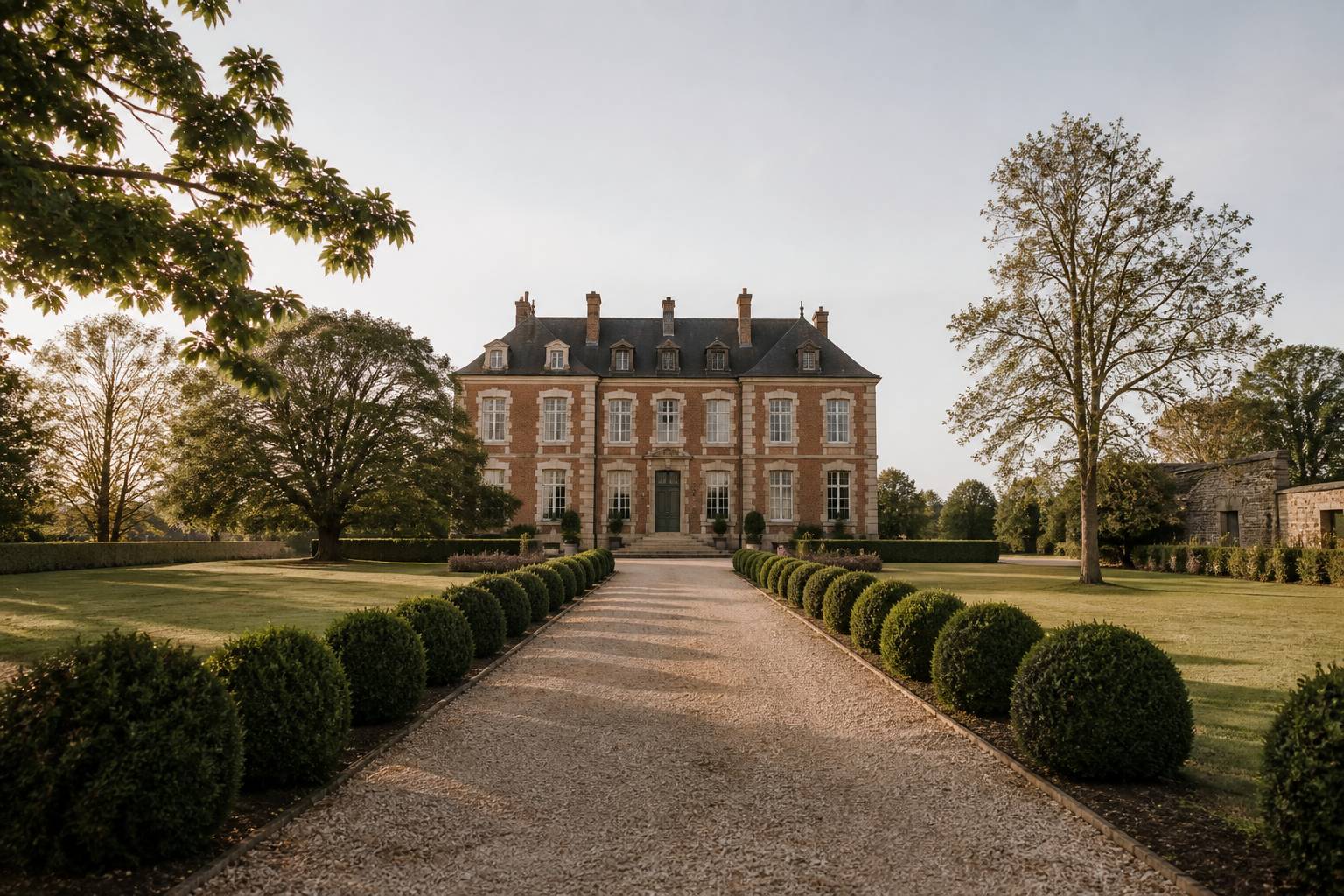 Allée gravillonnée bordée de buis menant à une façade de château