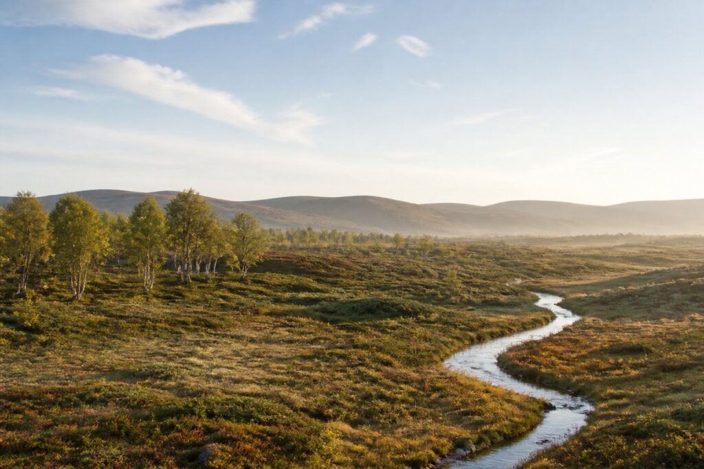 Paysage paisible de plateau avec landes de bruyère, bouleaux et ruisseau sous un ciel clair