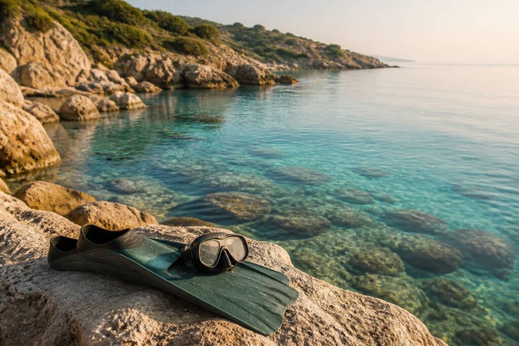 Côte corse rocheuse avec eau turquoise et palmes posées sur un rocher