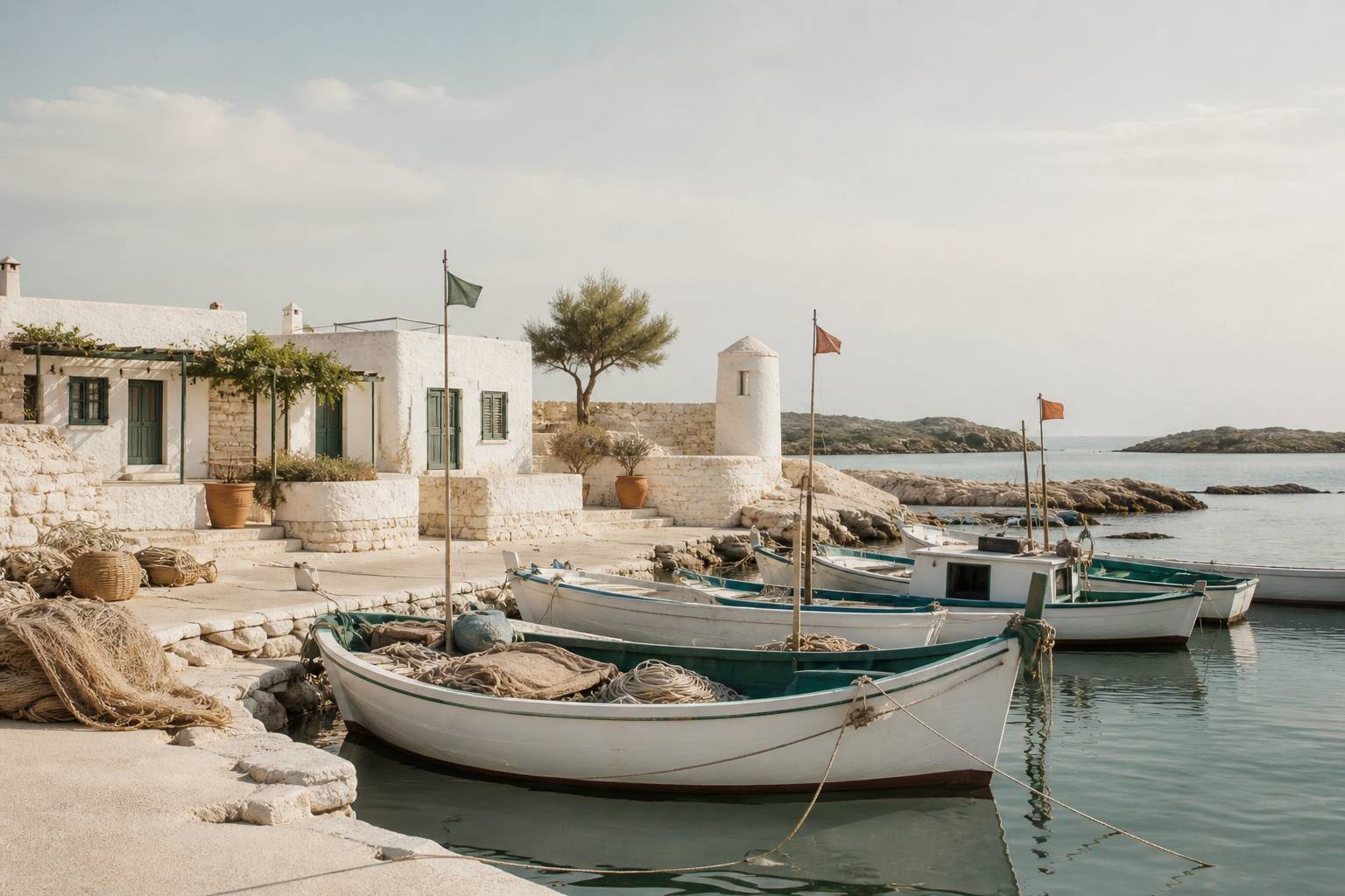 Petit port de l'île de Sein avec barques et maisons basses en pierre