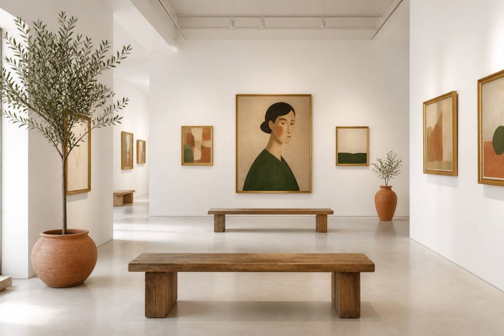 Galerie d'art lumineuse avec cadres dorés et portrait générique