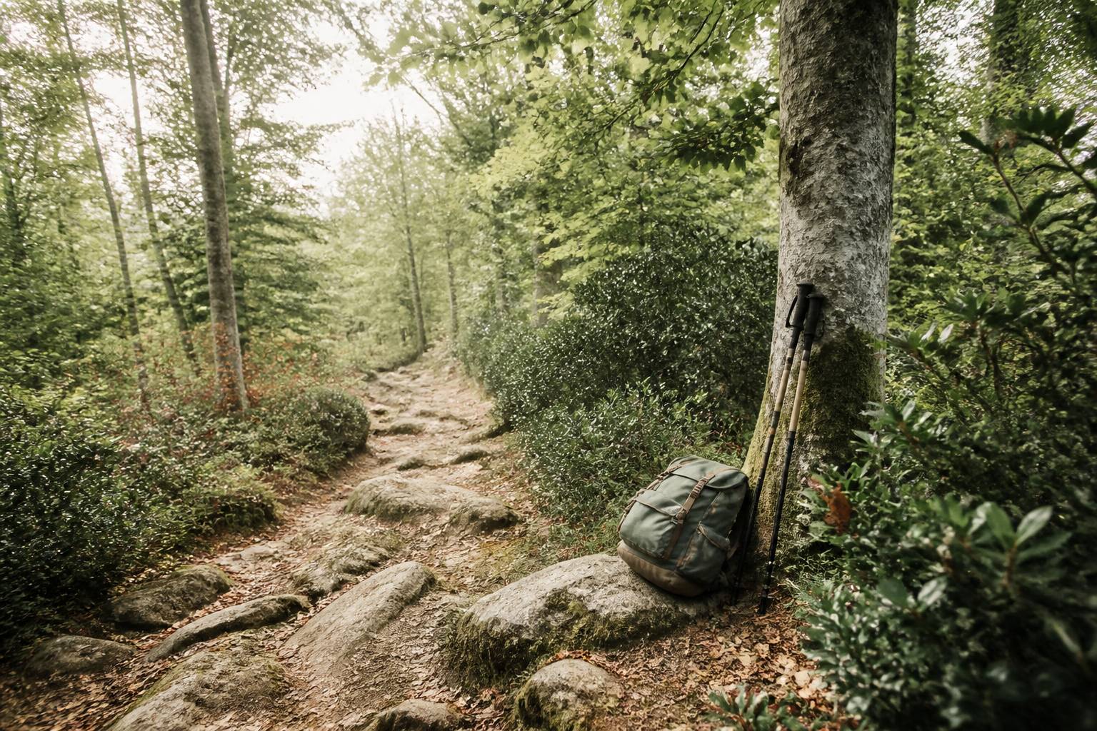 Sentier forestier de randonnée au Canigou avec un sac à dos