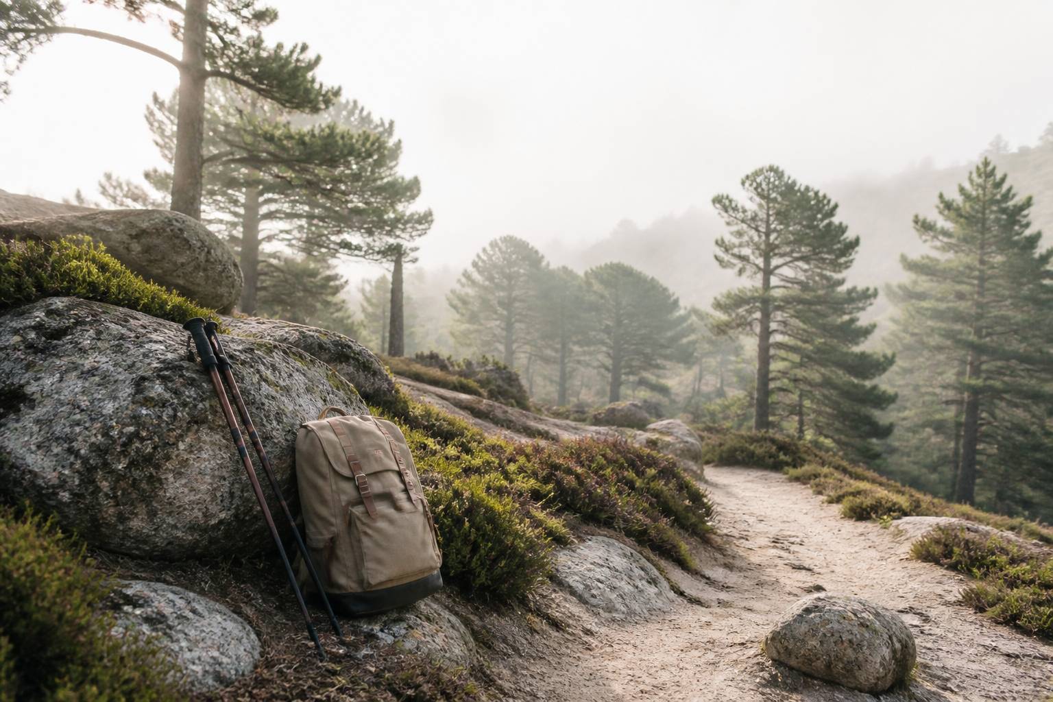 Sentier de randonnée en forêt de pins laricio avec sac à dos au bord du chemin