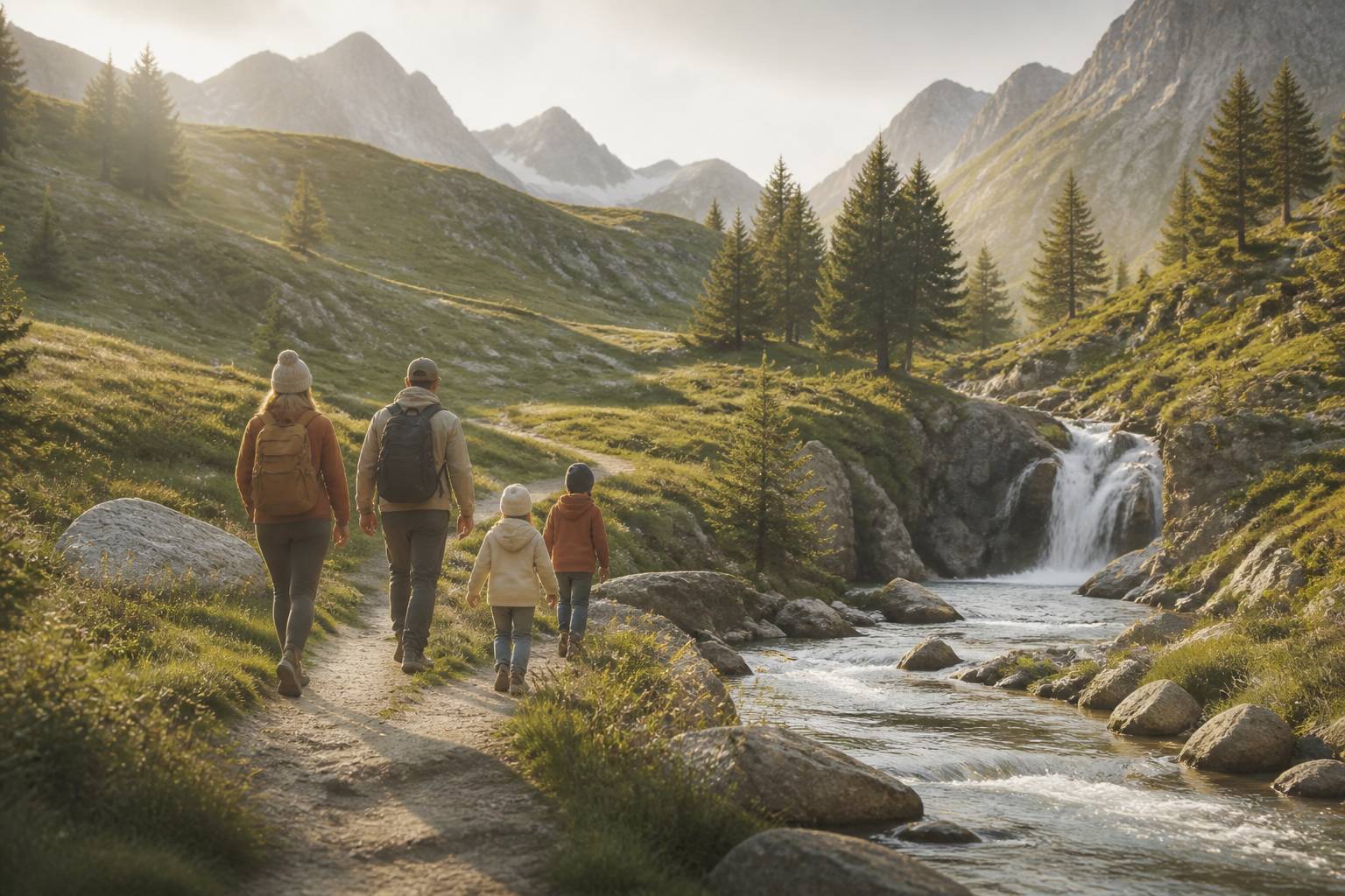 Famille de randonneurs marchant en bord de riviere au pied d'une cascade dans une vallee alpine