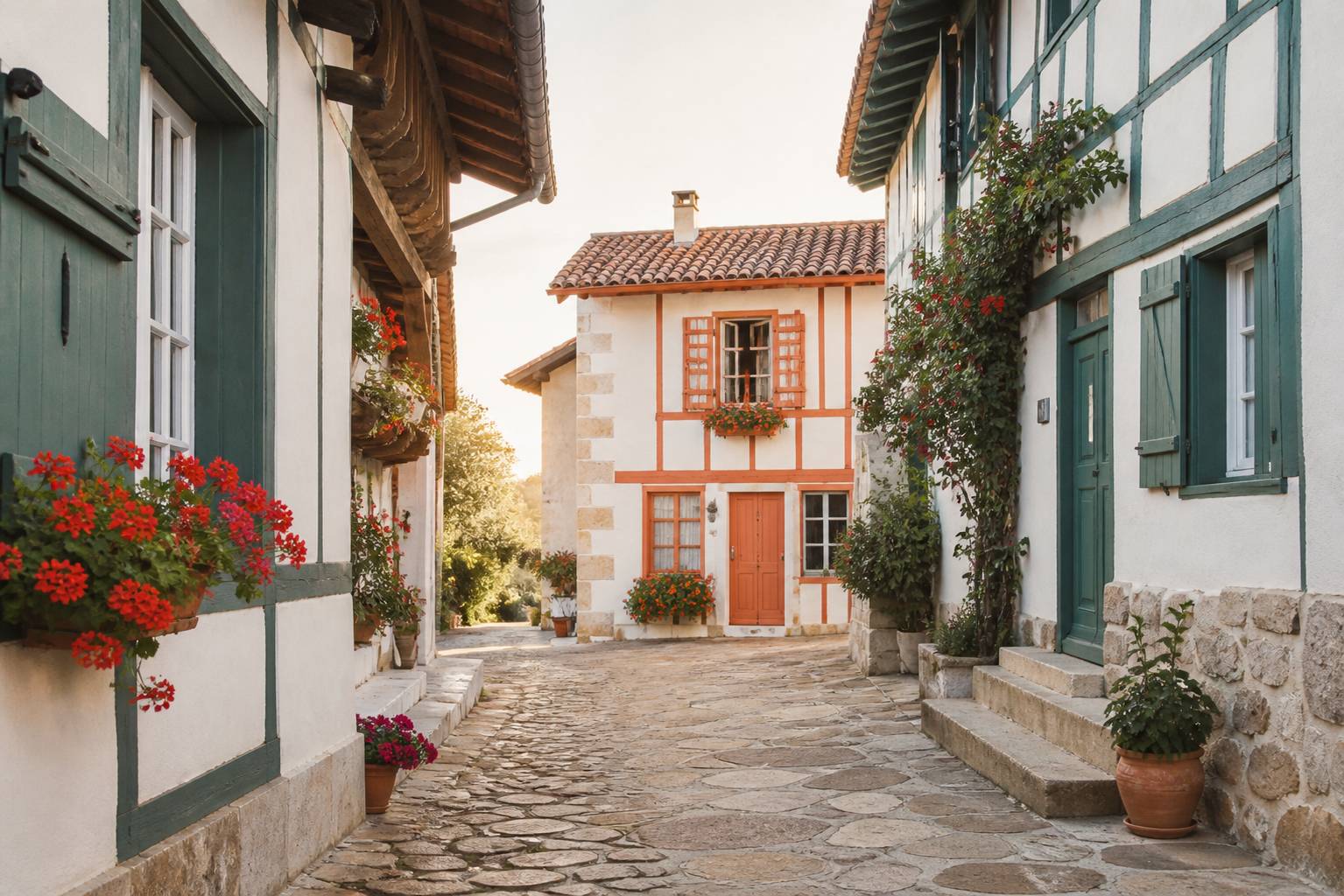 Ruelle alsacienne typique avec maisons à colombages et géraniums fleuris