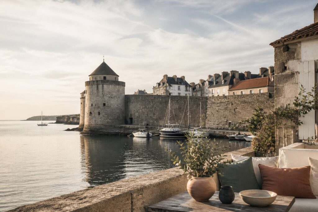 Ville fortifiée au bord de la mer avec un port