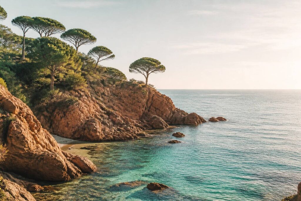 Roches rouges de l'Estérel plongeant dans une mer turquoise près de la côte