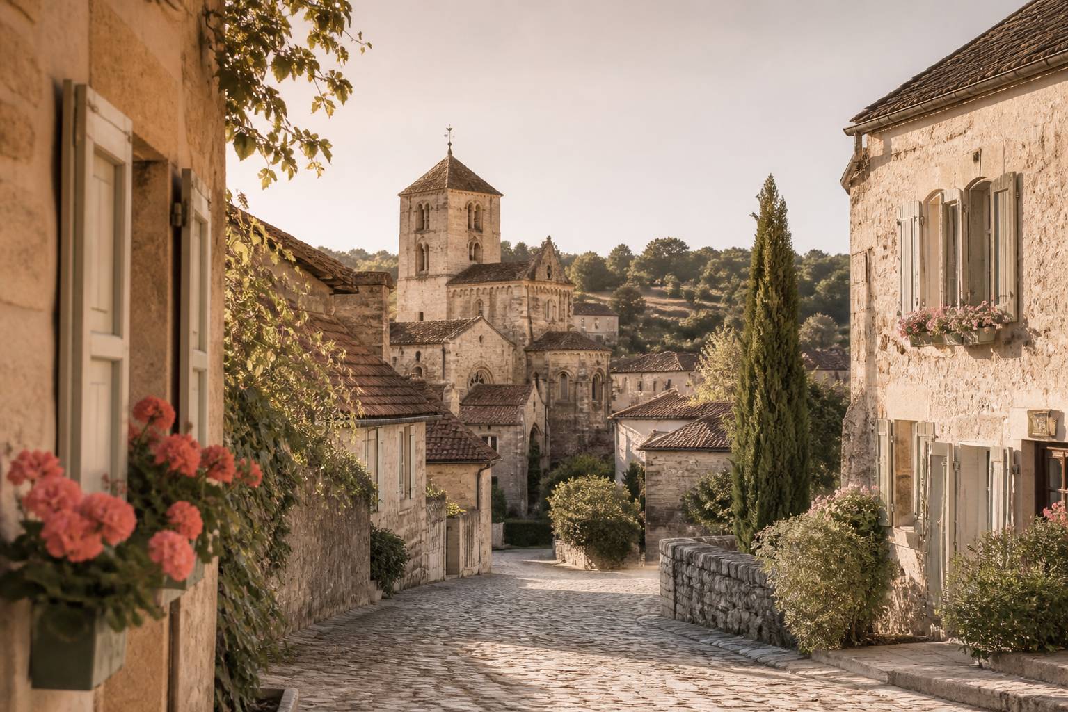 Village médiéval de pierre dorée avec église romane dans le Brionnais
