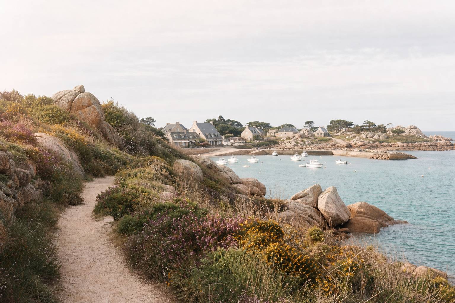 Sentier côtier entre rochers roses et mer turquoise sur une île bretonne