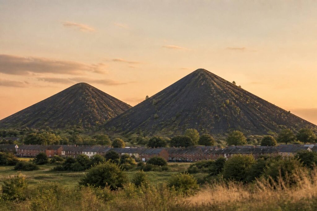 Panorama de terrils miniers surplombant des cités ouvrières