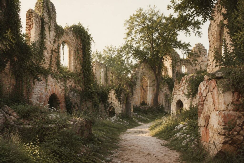 Ruines de château envahies par la végétation en fin d'après-midi