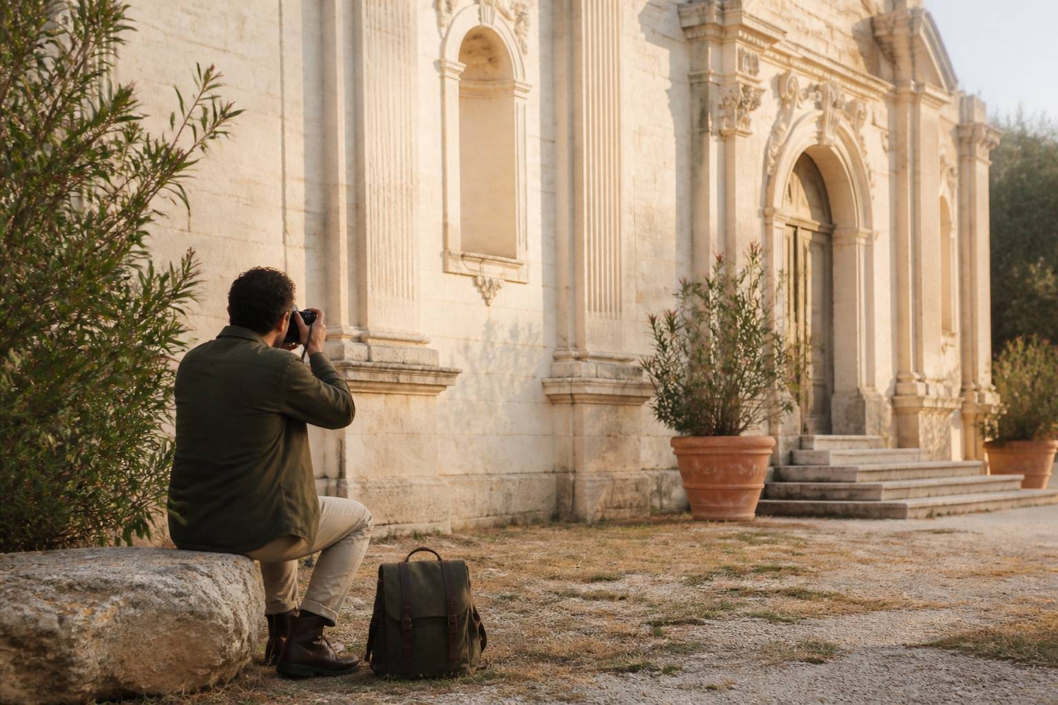 Photographe de dos photographiant une façade en pierre ancienne