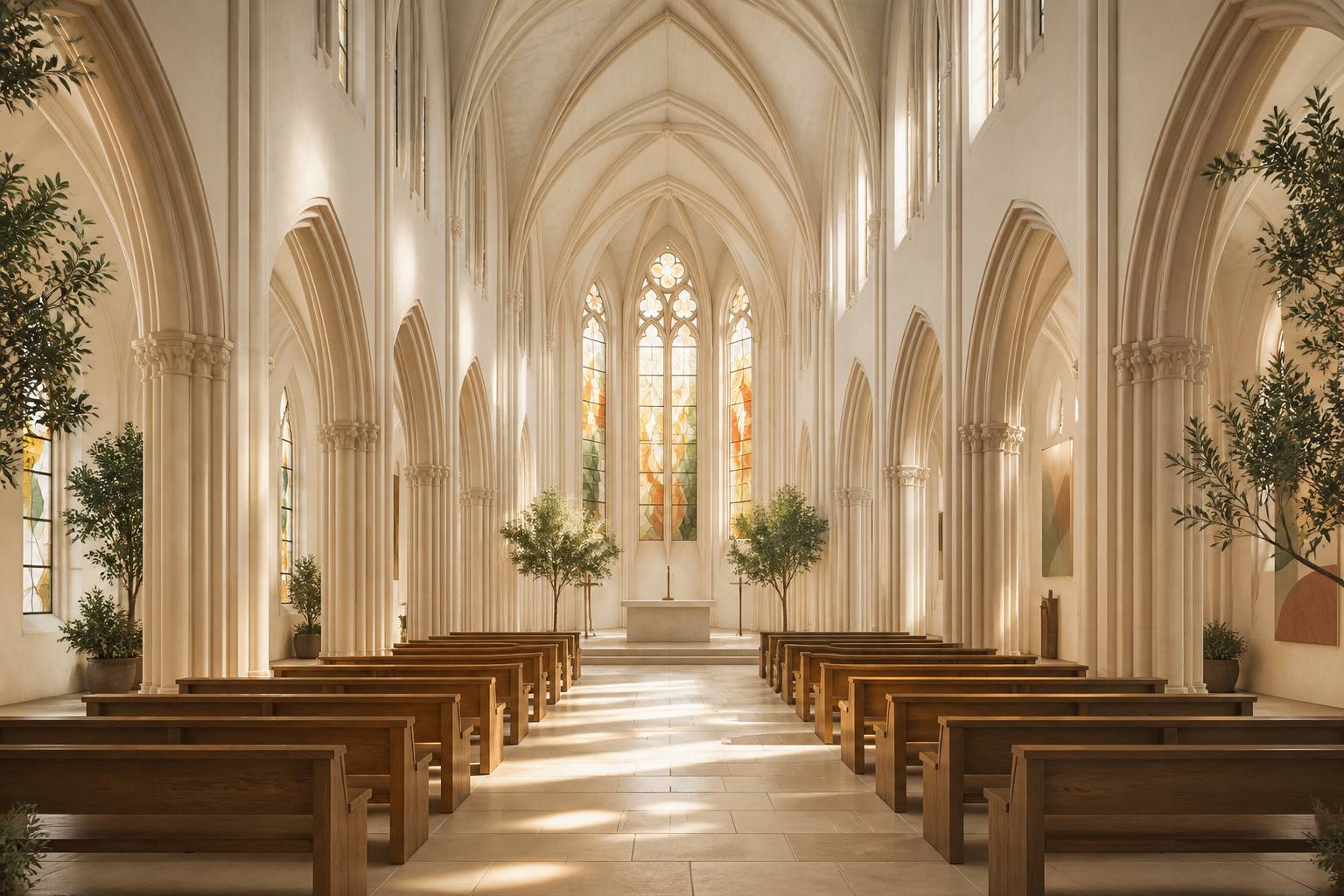Nef d'eglise gothique eclairee par un vitrail colore