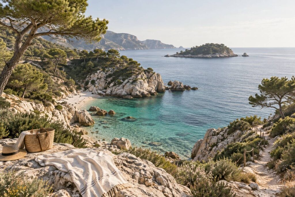 Illustration éditoriale du sujet : À la découverte des 5 calanques incontournables de La Ciotat à ne pas manquer !