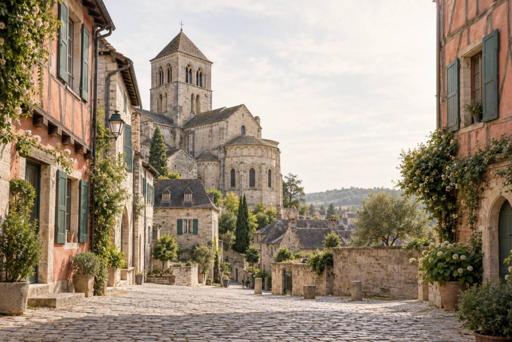 Collégiale et maisons à pans de bois dans le centre ancien de Brive