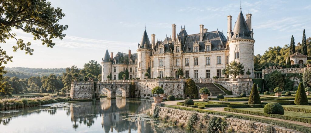 Château d'Anet de la Renaissance avec tourelles, jardins réguliers et douves