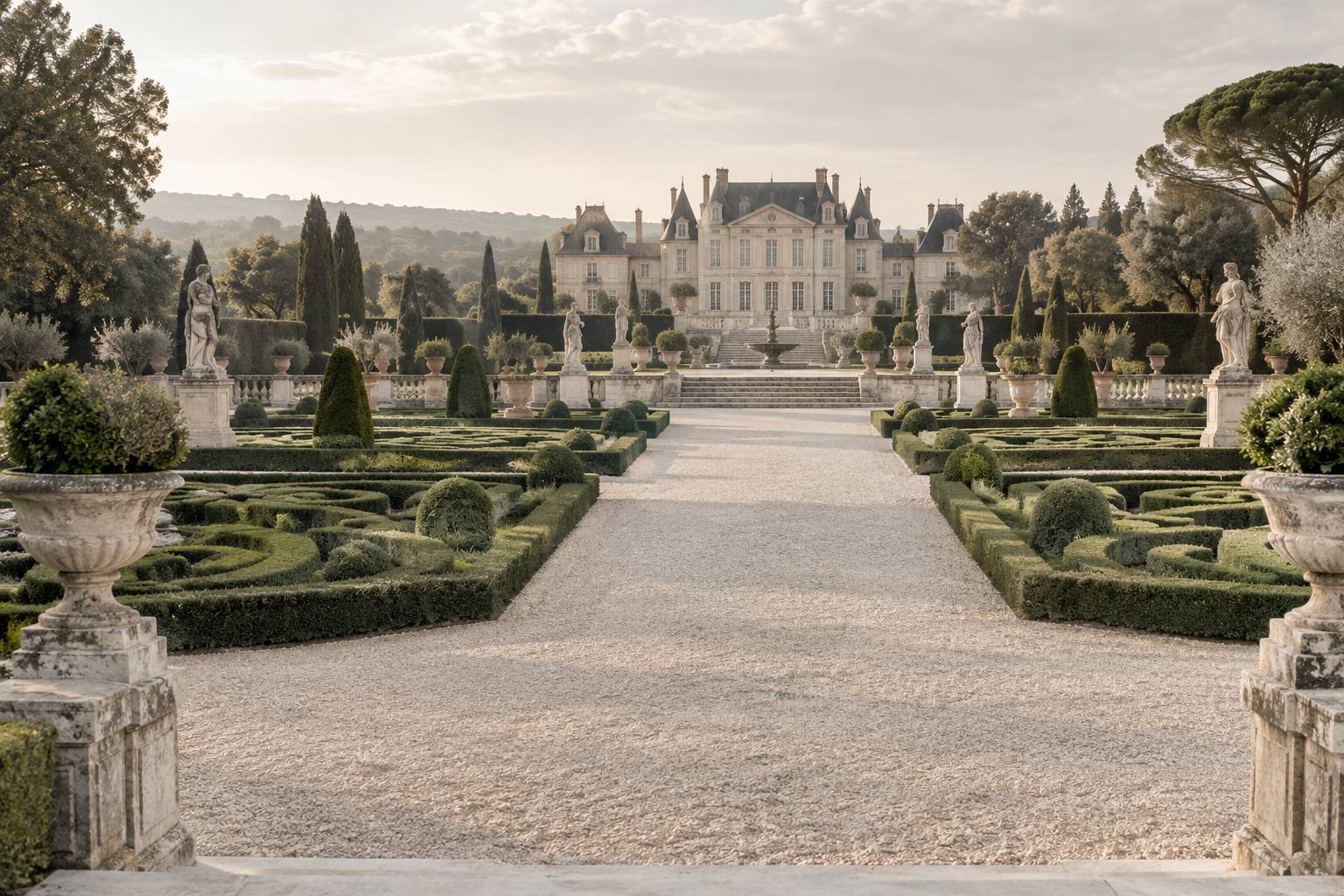 Château français ancien entouré de douves avec jardin à la française et allées de gravier
